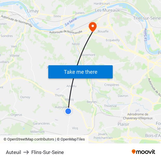 Auteuil to Flins-Sur-Seine map