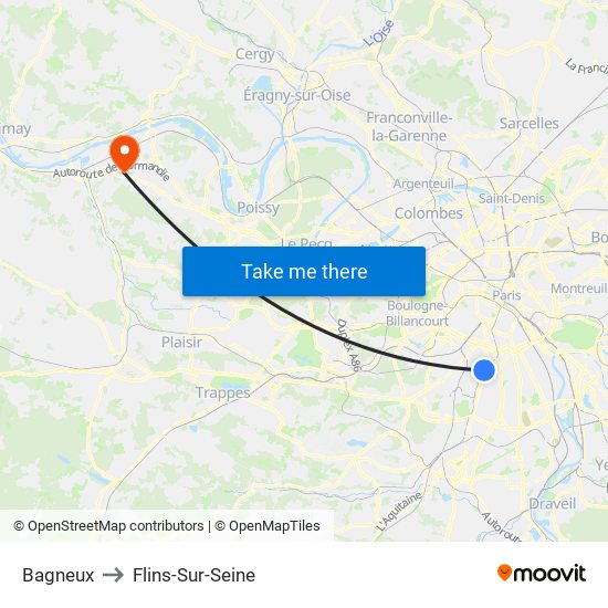 Bagneux to Flins-Sur-Seine map