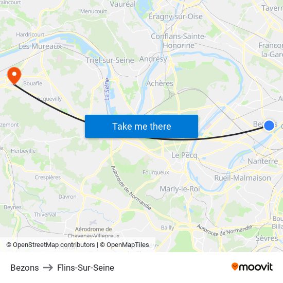 Bezons to Flins-Sur-Seine map