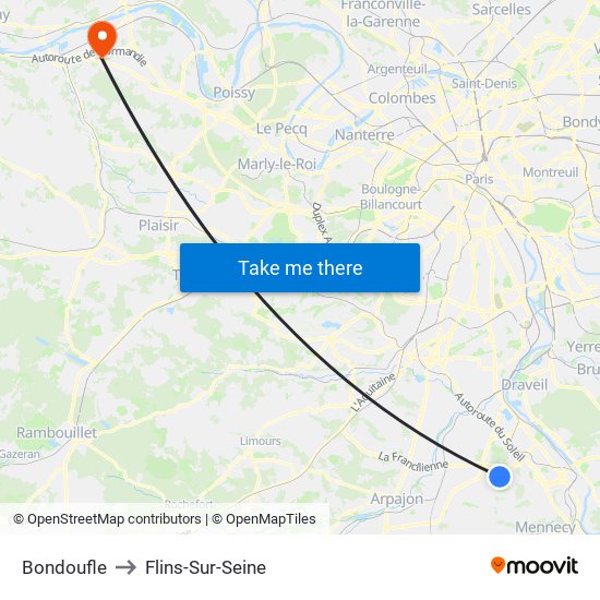 Bondoufle to Flins-Sur-Seine map