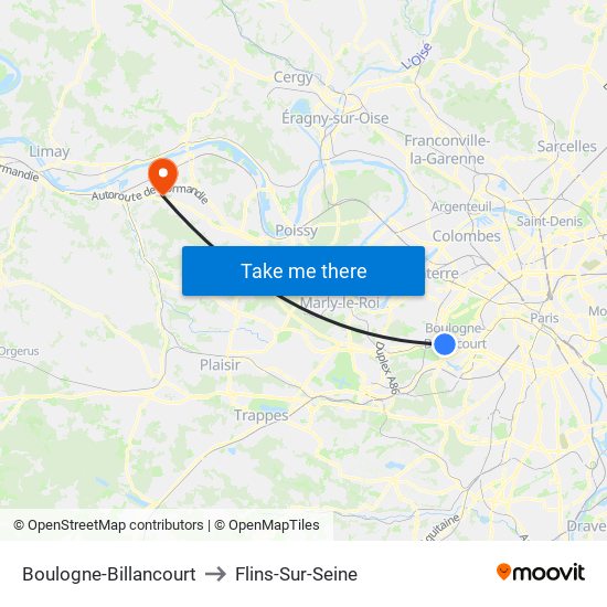 Boulogne-Billancourt to Flins-Sur-Seine map