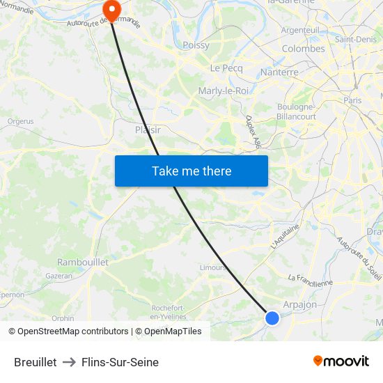 Breuillet to Flins-Sur-Seine map