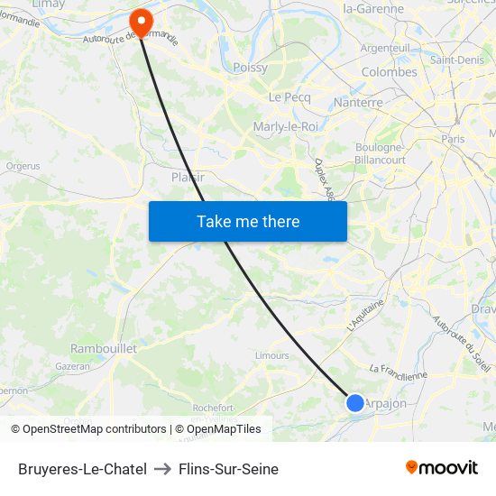 Bruyeres-Le-Chatel to Flins-Sur-Seine map