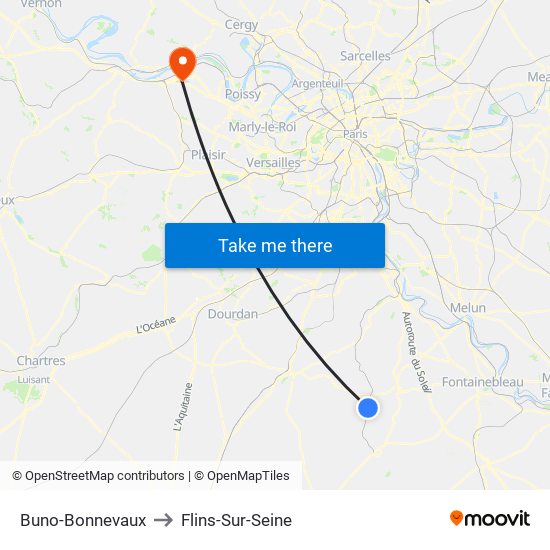 Buno-Bonnevaux to Flins-Sur-Seine map