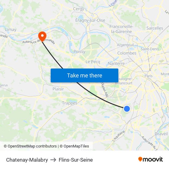 Chatenay-Malabry to Flins-Sur-Seine map