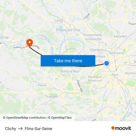 Clichy to Flins-Sur-Seine map