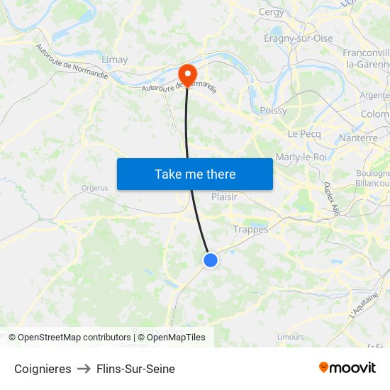 Coignieres to Flins-Sur-Seine map