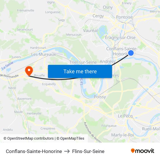 Conflans-Sainte-Honorine to Flins-Sur-Seine map