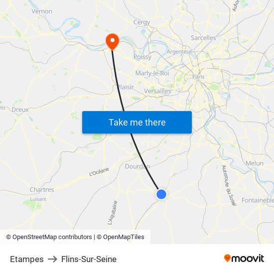 Etampes to Flins-Sur-Seine map