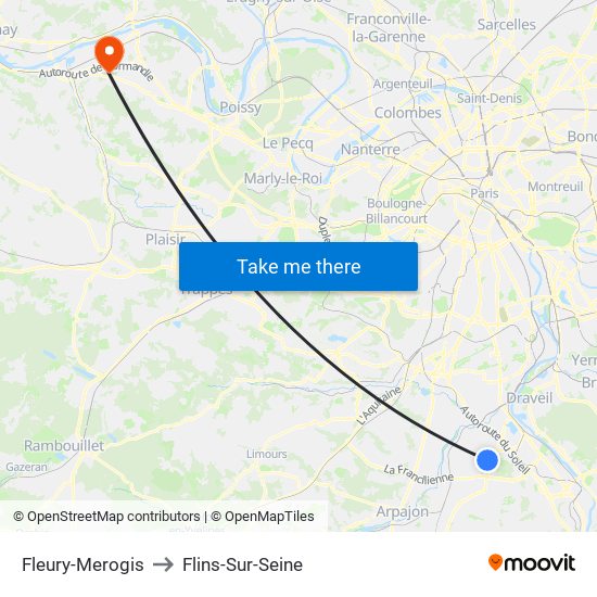 Fleury-Merogis to Flins-Sur-Seine map
