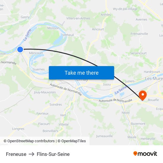 Freneuse to Flins-Sur-Seine map
