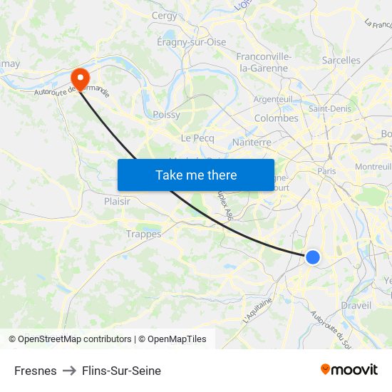 Fresnes to Flins-Sur-Seine map
