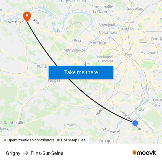 Grigny to Flins-Sur-Seine map