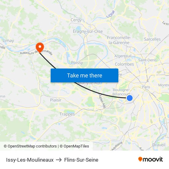 Issy-Les-Moulineaux to Flins-Sur-Seine map