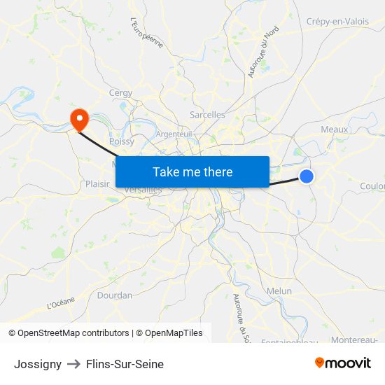 Jossigny to Flins-Sur-Seine map