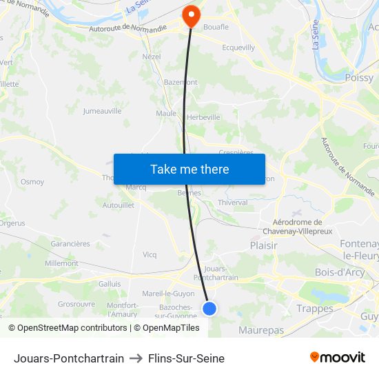 Jouars-Pontchartrain to Flins-Sur-Seine map