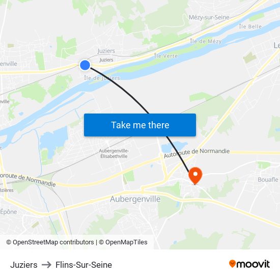 Juziers to Flins-Sur-Seine map