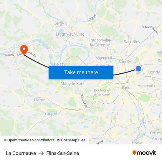 La Courneuve to Flins-Sur-Seine map