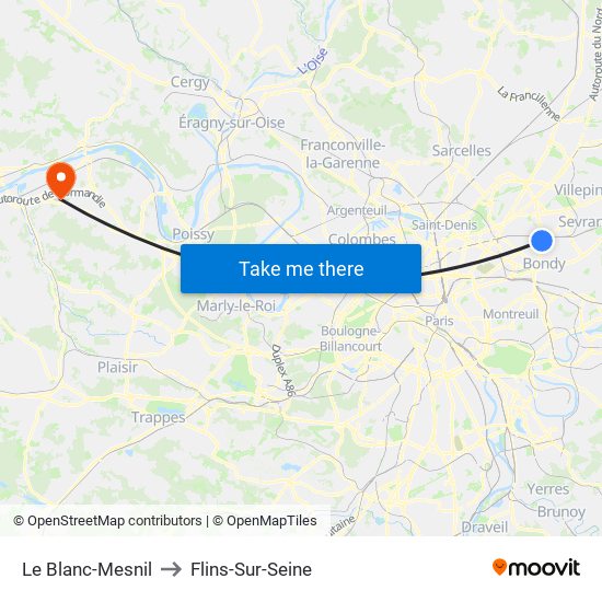 Le Blanc-Mesnil to Flins-Sur-Seine map