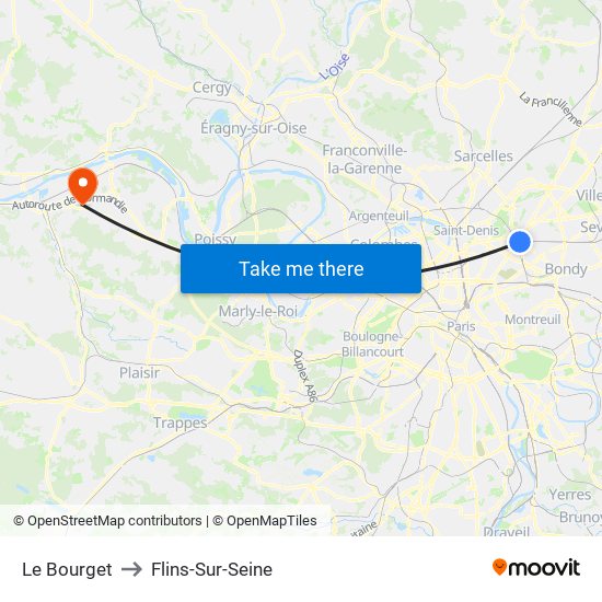 Le Bourget to Flins-Sur-Seine map