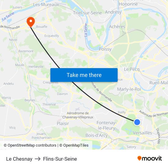 Le Chesnay to Flins-Sur-Seine map