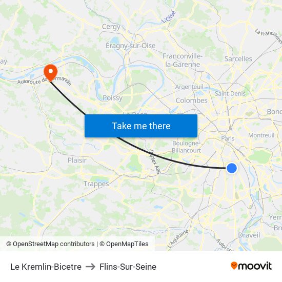 Le Kremlin-Bicetre to Flins-Sur-Seine map