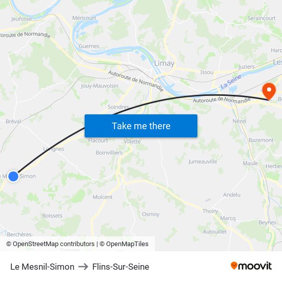 Le Mesnil-Simon to Flins-Sur-Seine map