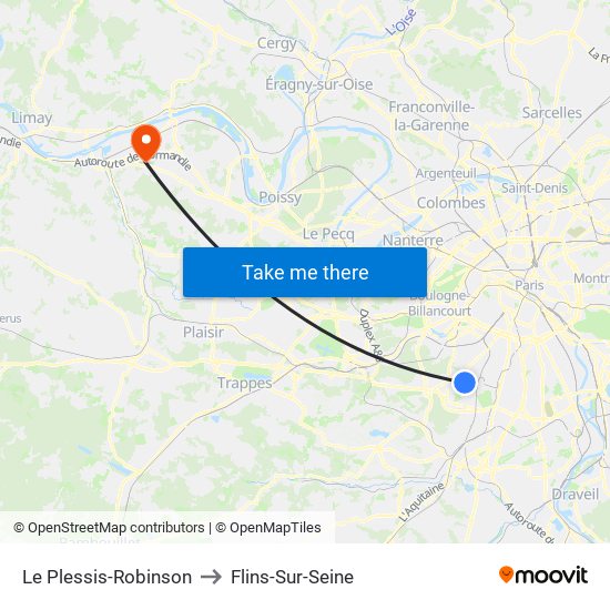 Le Plessis-Robinson to Flins-Sur-Seine map