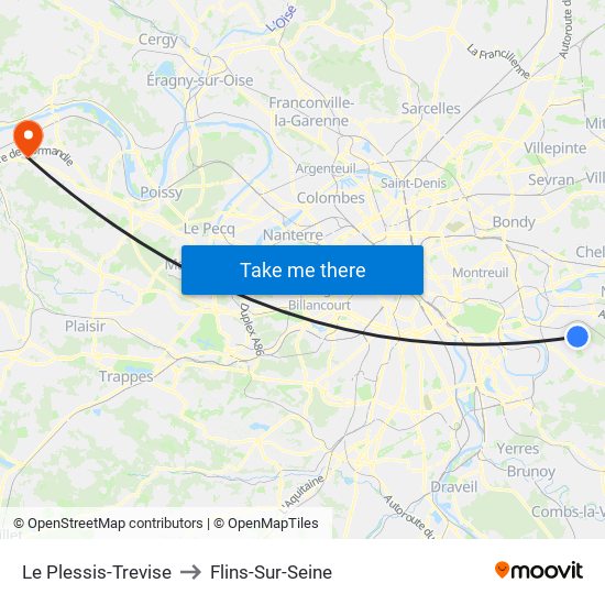 Le Plessis-Trevise to Flins-Sur-Seine map