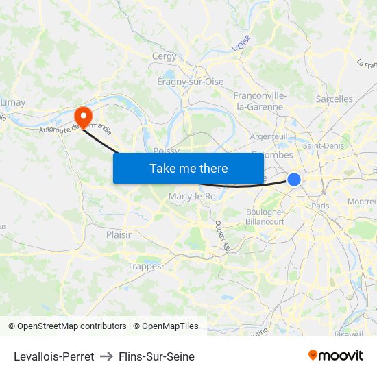 Levallois-Perret to Flins-Sur-Seine map