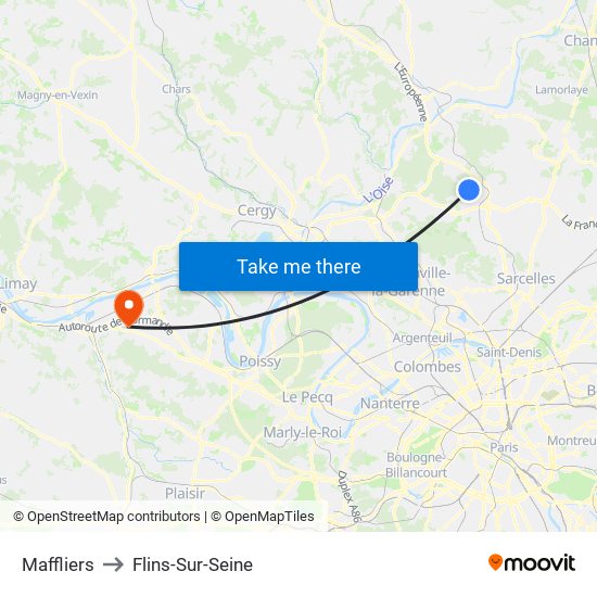 Maffliers to Flins-Sur-Seine map