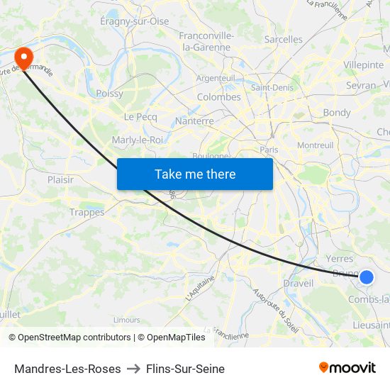 Mandres-Les-Roses to Flins-Sur-Seine map