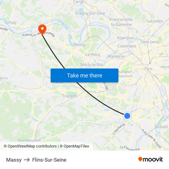 Massy to Flins-Sur-Seine map