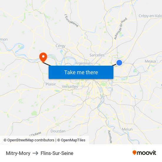 Mitry-Mory to Flins-Sur-Seine map