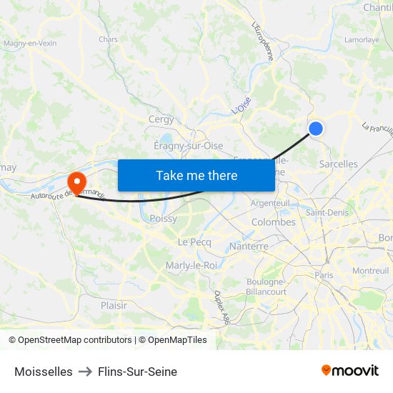 Moisselles to Flins-Sur-Seine map