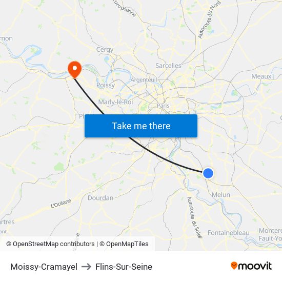 Moissy-Cramayel to Flins-Sur-Seine map