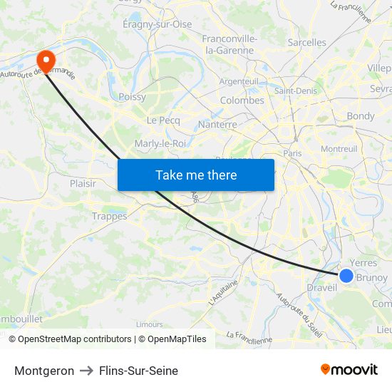 Montgeron to Flins-Sur-Seine map