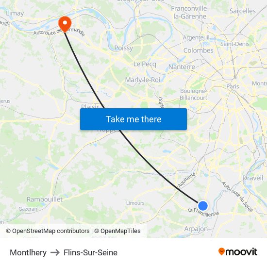 Montlhery to Flins-Sur-Seine map