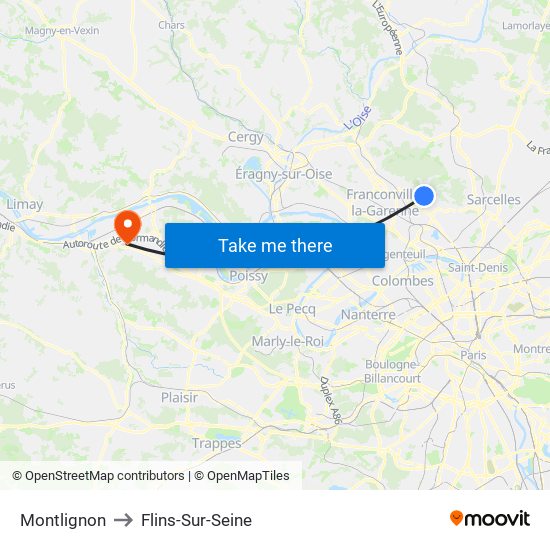 Montlignon to Flins-Sur-Seine map