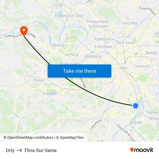 Orly to Flins-Sur-Seine map