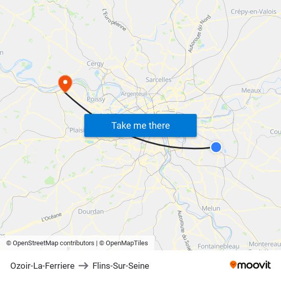 Ozoir-La-Ferriere to Flins-Sur-Seine map