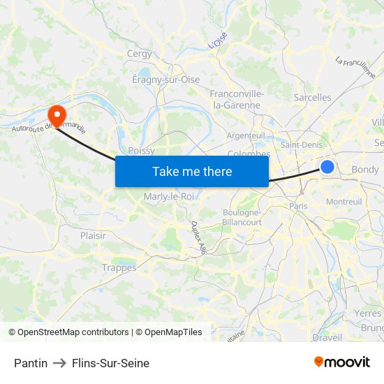 Pantin to Flins-Sur-Seine map