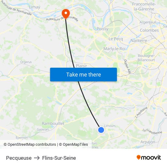 Pecqueuse to Flins-Sur-Seine map