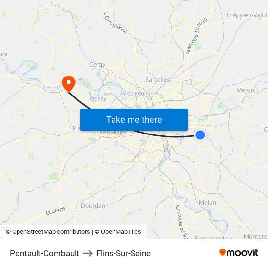 Pontault-Combault to Flins-Sur-Seine map