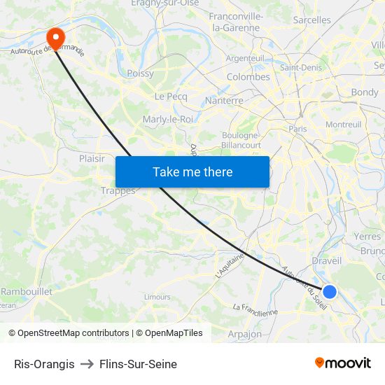 Ris-Orangis to Flins-Sur-Seine map