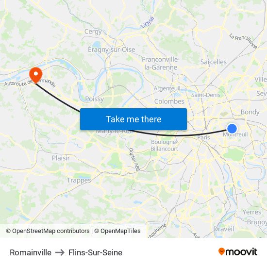 Romainville to Flins-Sur-Seine map