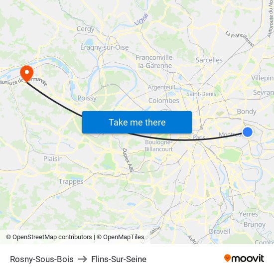 Rosny-Sous-Bois to Flins-Sur-Seine map