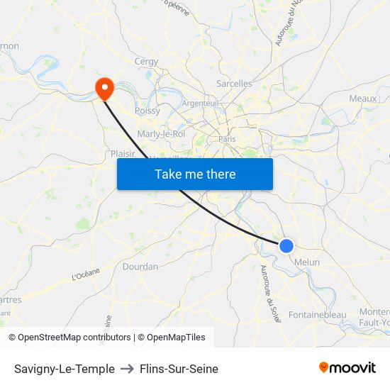 Savigny-Le-Temple to Flins-Sur-Seine map