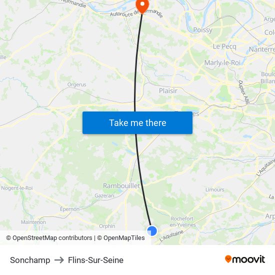 Sonchamp to Flins-Sur-Seine map
