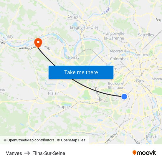 Vanves to Flins-Sur-Seine map